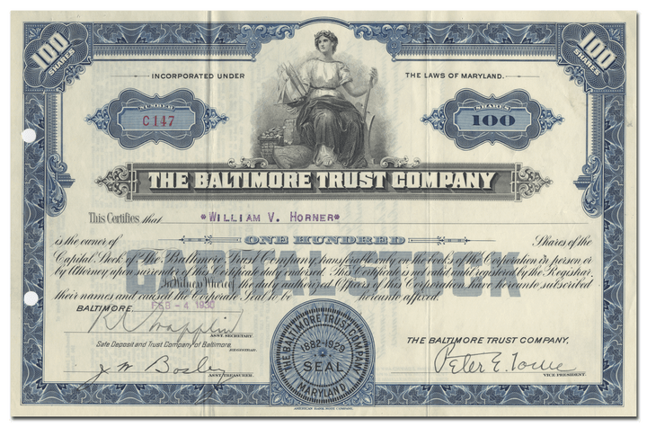 Baltimore Trust Company Stock Certificate