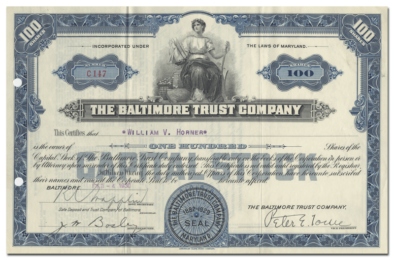 Baltimore Trust Company Stock Certificate