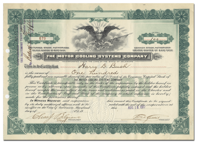Motor Cooling Systems Company Stock Certificate