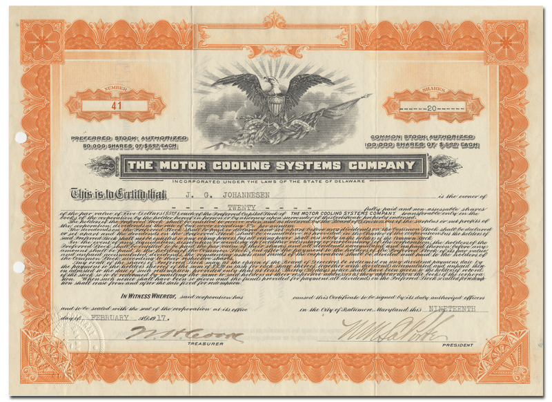 Motor Cooling Systems Company Stock Certificate