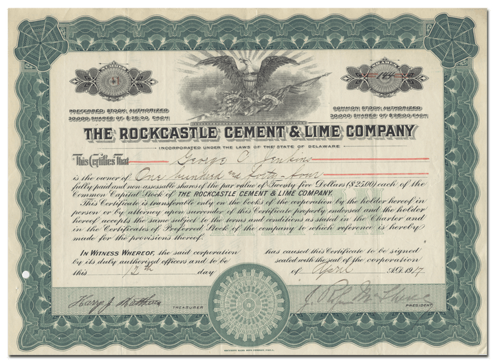 Rockcastle Cement & Lime Company Stock Certificate