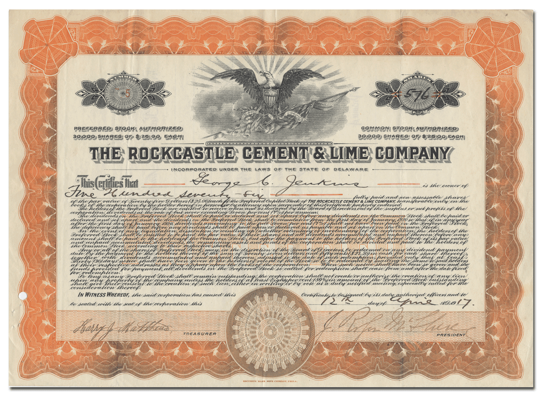 Rockcastle Cement & Lime Company Stock Certificate