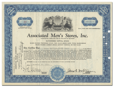 Associated Men's Stores, Inc. Stock Certificate