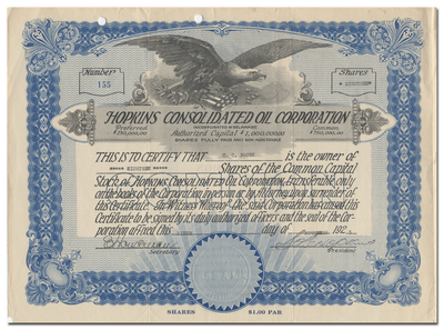 Hopkins Consolidated Oil Corporation Stock Certificate
