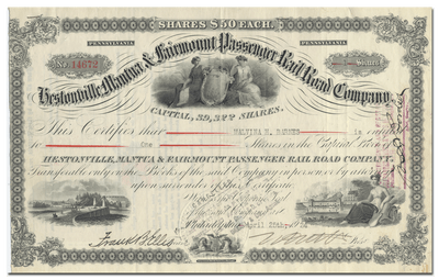 Hestonville, Mantua & Fairmount Passenger Rail Road Company Stock Certificate