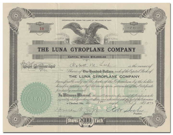 Luna Gyroplane Company Stock Certificate