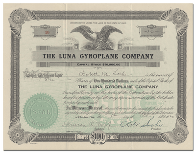 Luna Gyroplane Company Stock Certificate