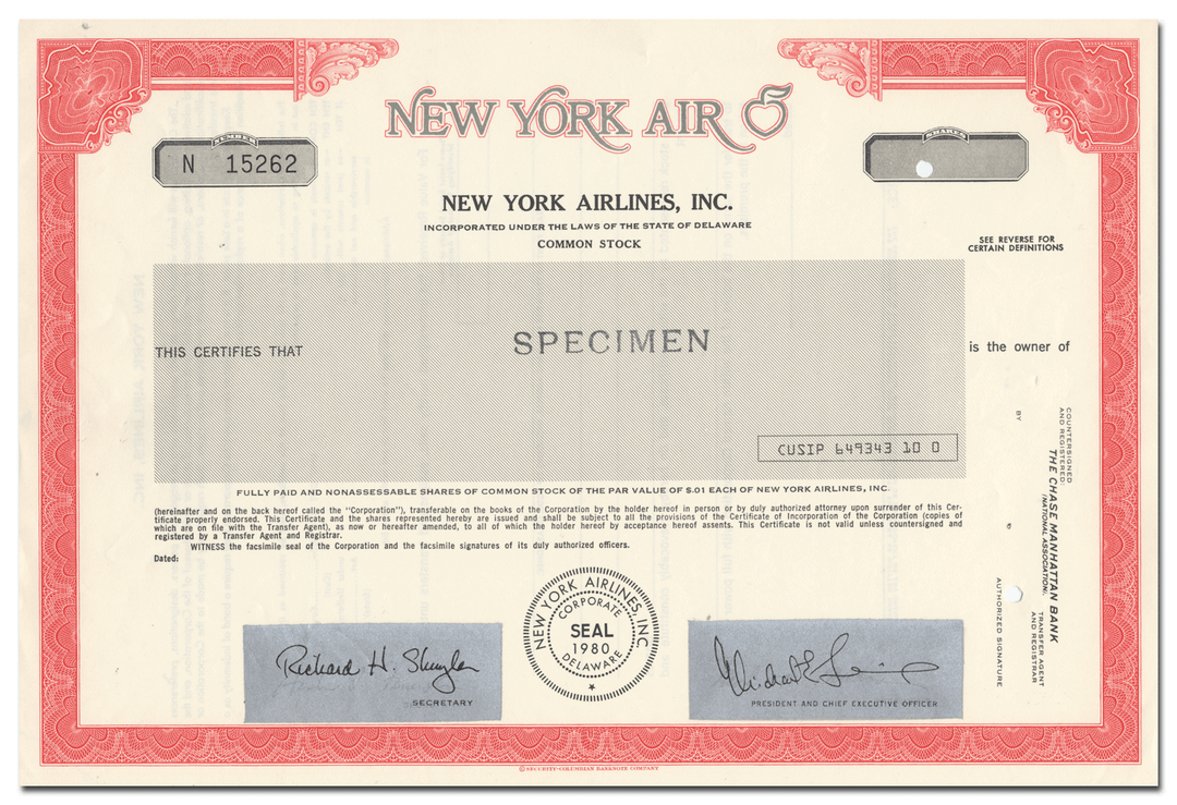 New York Airlines, Inc. Specimen Stock Certificate