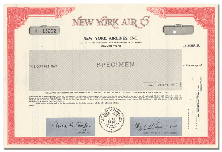 New York Airlines, Inc. Specimen Stock Certificate