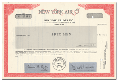 New York Airlines, Inc. Specimen Stock Certificate