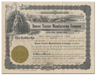 Denver Tractor Manufacturing Company Stock Certificate