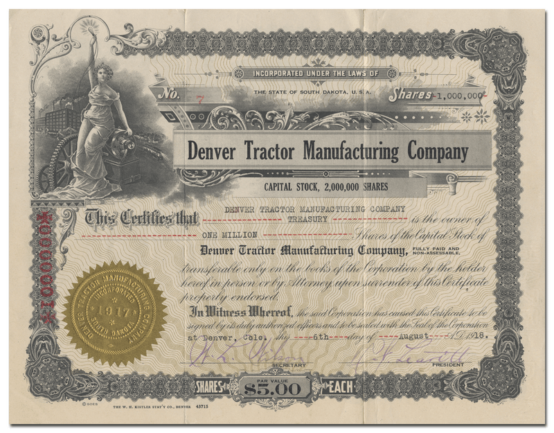 Denver Tractor Manufacturing Company Stock Certificate