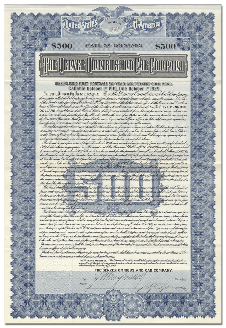 Denver Omnibus and Cab Company Bond Certificate