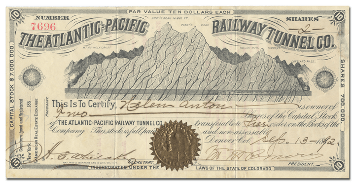 Atlantic-Pacific Railway Tunnel Co. Stock Certificate Signed by Brick Pomeroy