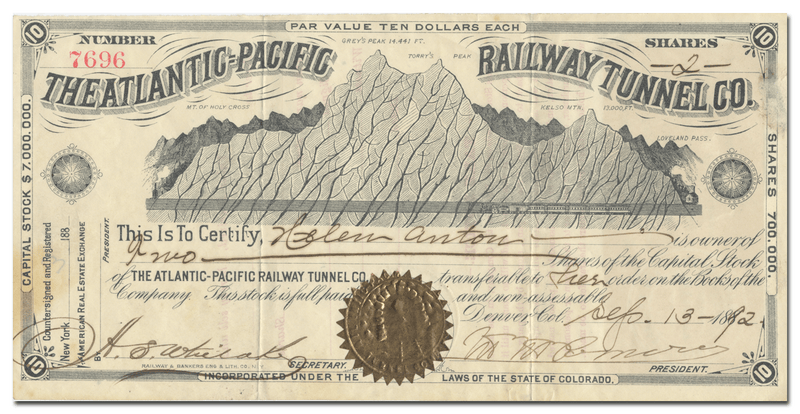 Atlantic-Pacific Railway Tunnel Co. Stock Certificate Signed by Brick Pomeroy
