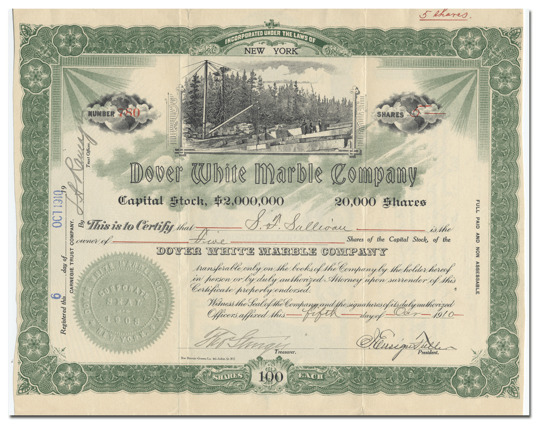 Dover White Marble Company Stock Certificate