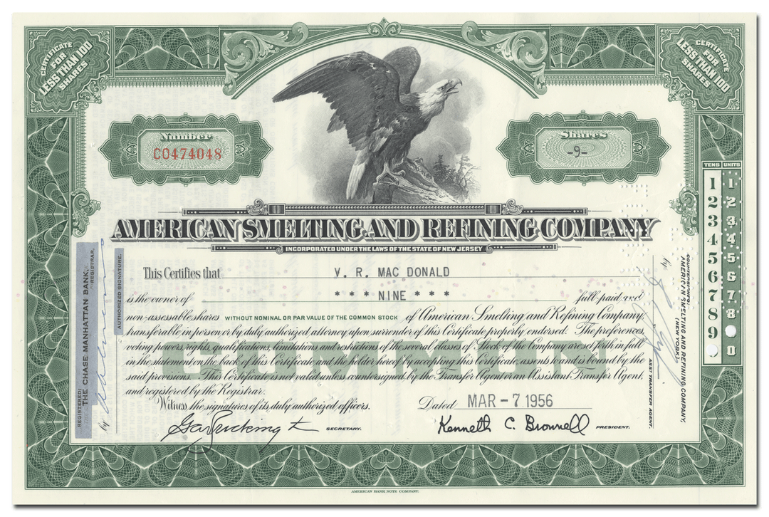 American Smelting and Refining Company Stock Certificate