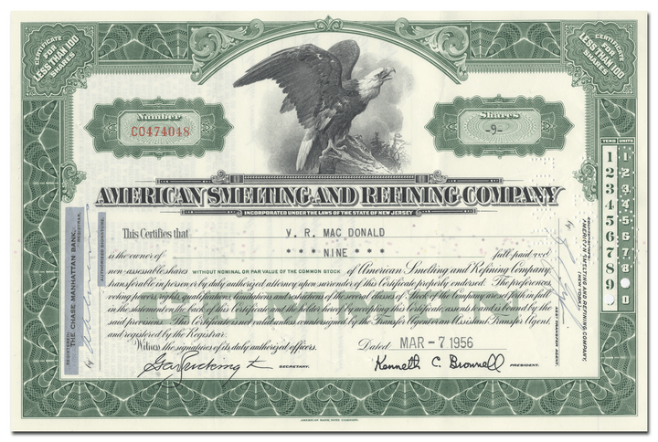 American Smelting and Refining Company Stock Certificate