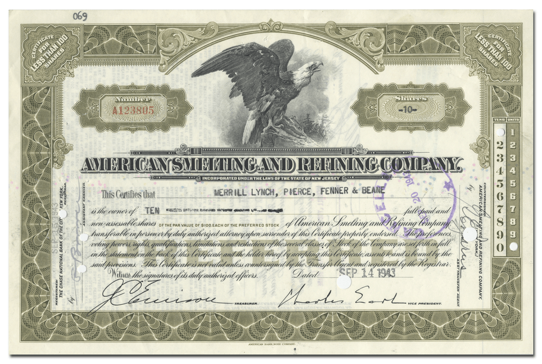 American Smelting and Refining Company Stock Certificate