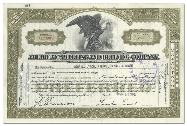 American Smelting and Refining Company Stock Certificate