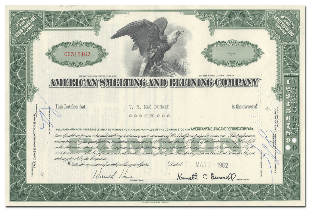 American Smelting and Refining Company Stock Certificate