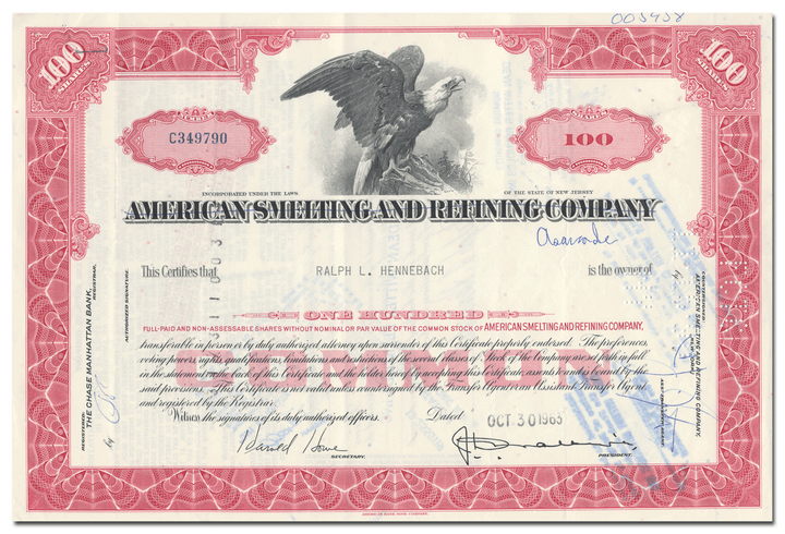 American Smelting and Refining Company Stock Certificate