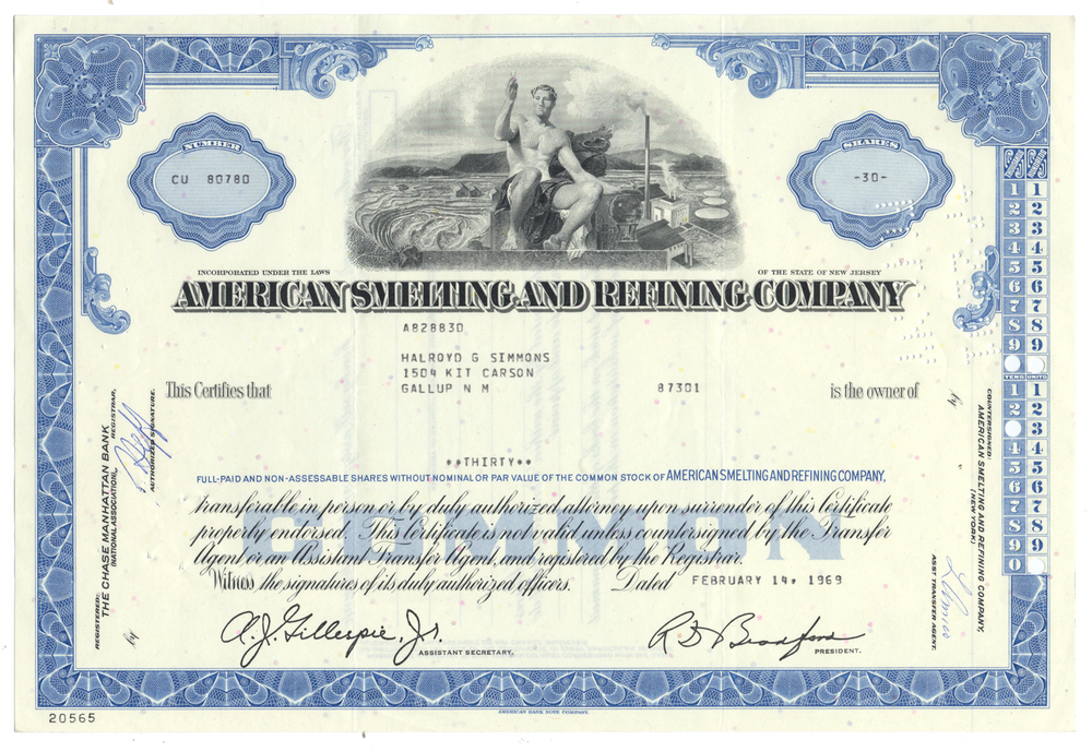 American Smelting and Refining Company Stock Certificate
