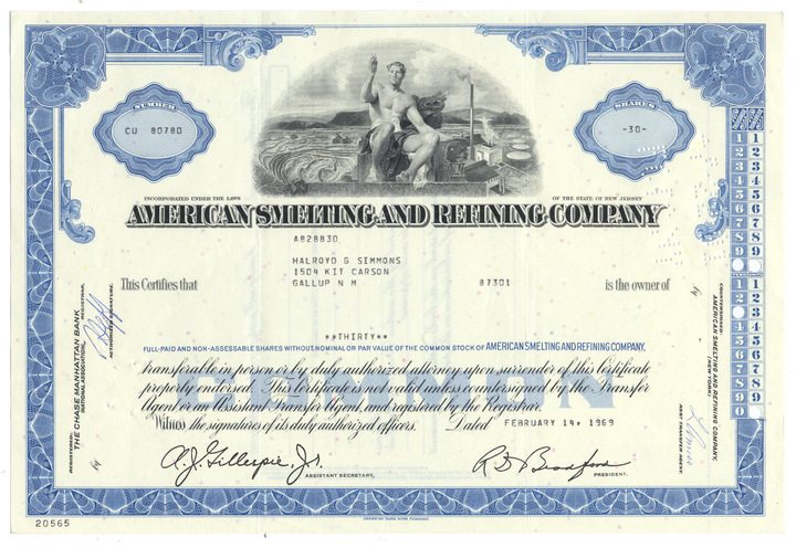 American Smelting and Refining Company Stock Certificate