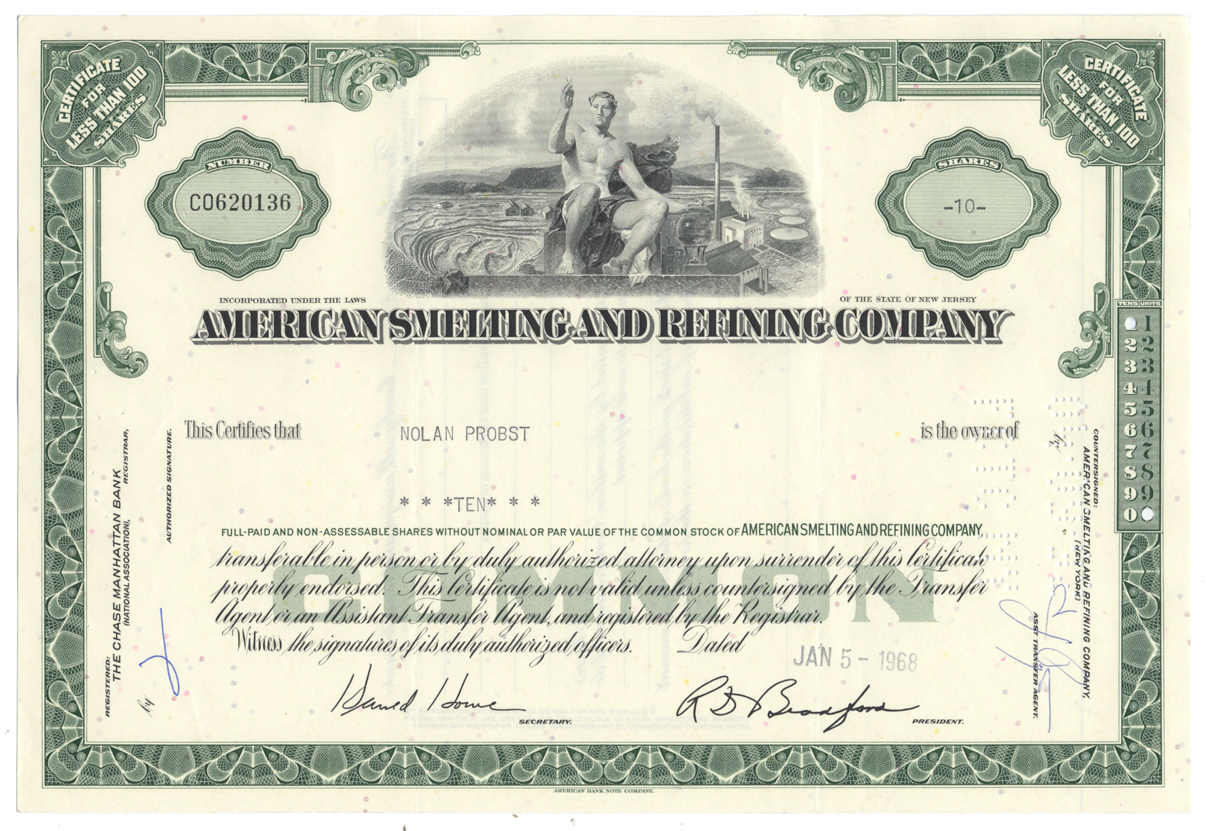 American Smelting and Refining Company Stock Certificate