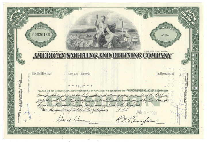 American Smelting and Refining Company Stock Certificate