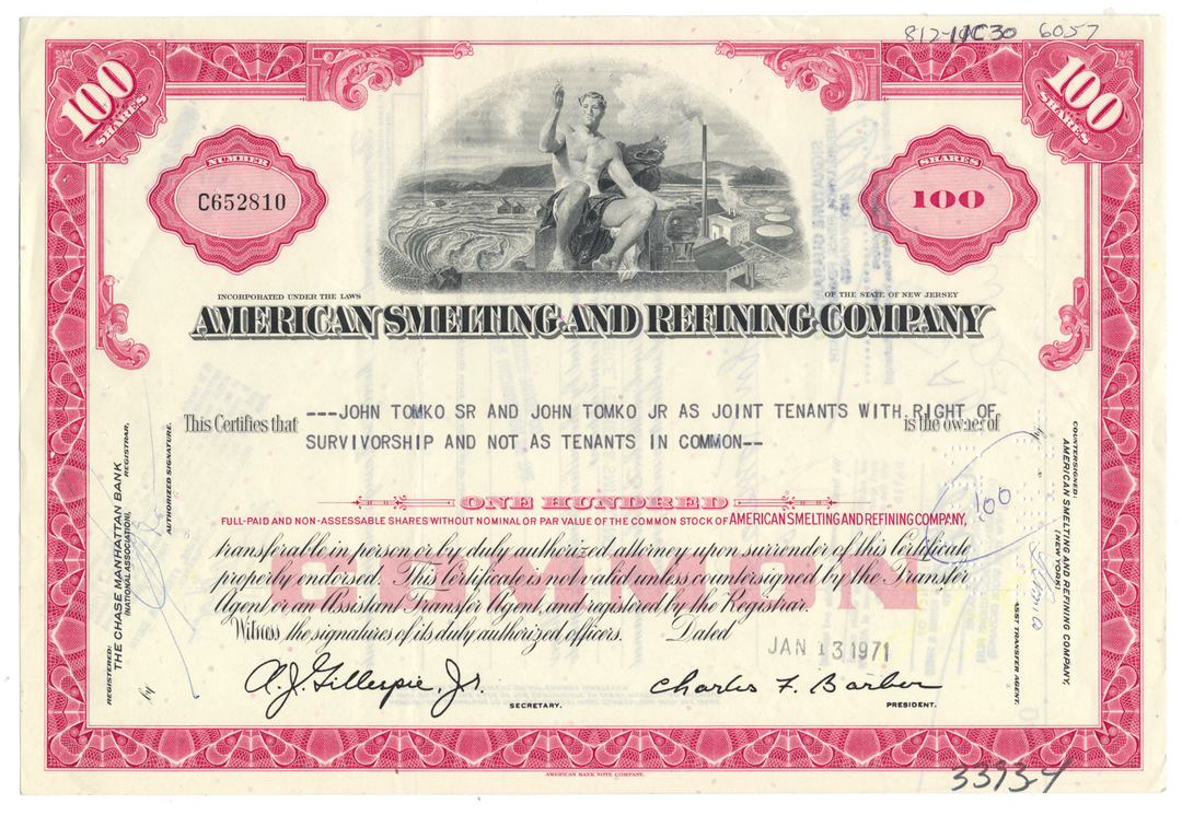 American Smelting and Refining Company Stock Certificate