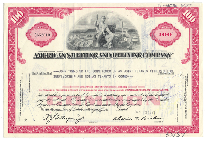 American Smelting and Refining Company Stock Certificate