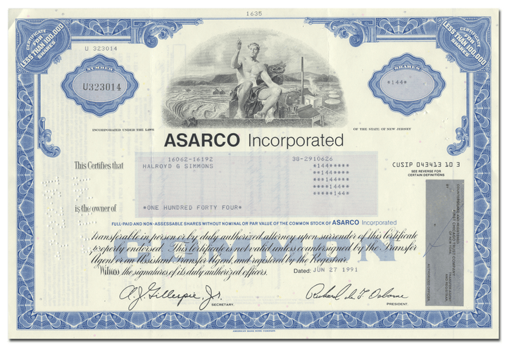 ASARCO (American Smelting and Refining Company) Incorporated Stock Certificate