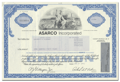 ASARCO (American Smelting and Refining Company) Incorporated Stock Certificate