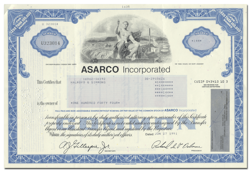 ASARCO (American Smelting and Refining Company) Incorporated Stock Certificate