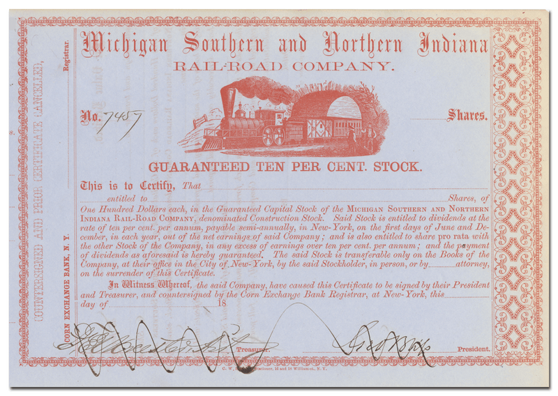 Michigan Southern and Northern Indiana Rail-Road Company Stock Certificate