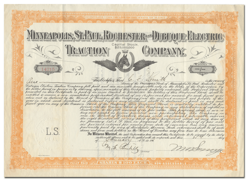 Minneapolis, St. Paul, Rochester and Dubuque Electric Traction Company Stock Certificate Signed by Marion W. Savage
