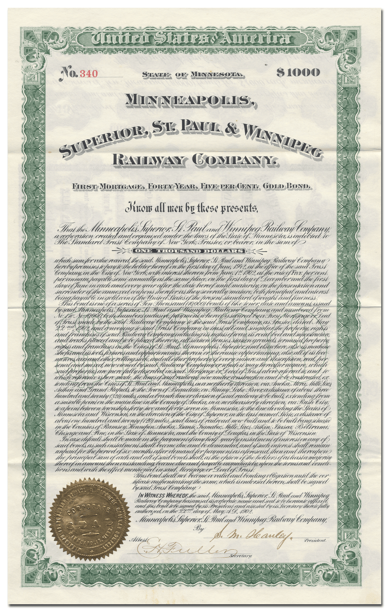 Minneapolis, Superior, St. Paul & Winnipeg Railway Company Bond Certificate