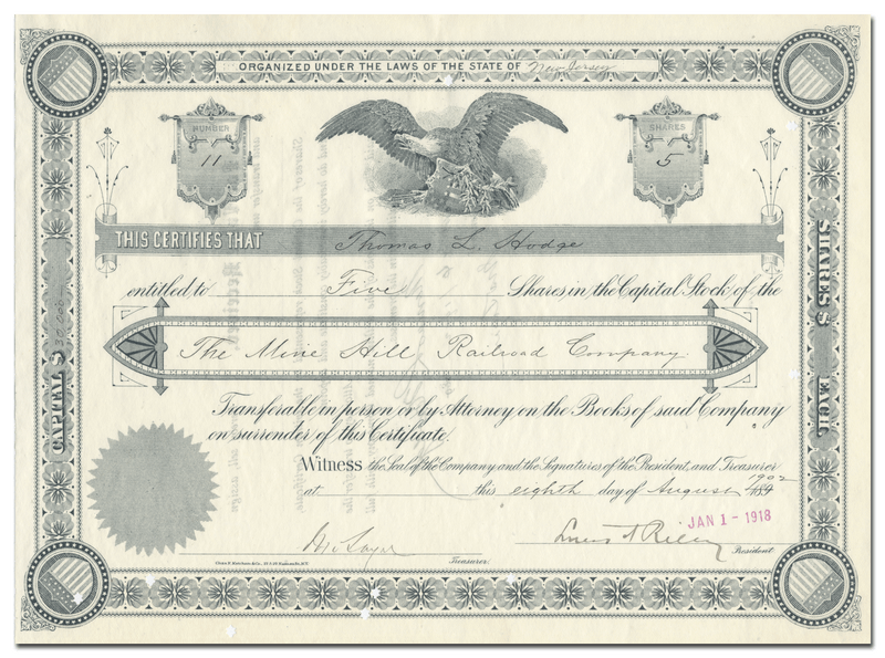 Mine Hill Railroad Company Stock Certificate
