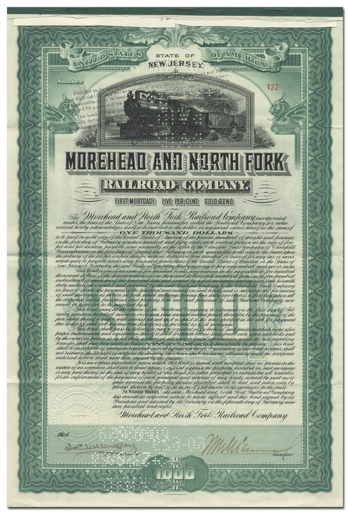 Morehead and North Fork Railroad Company Bond Certificate