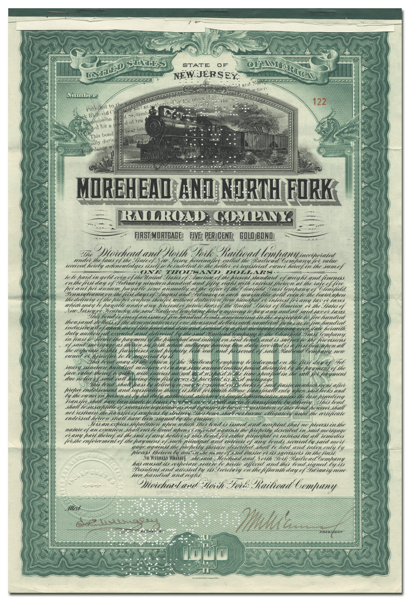 Morehead and North Fork Railroad Company Bond Certificate