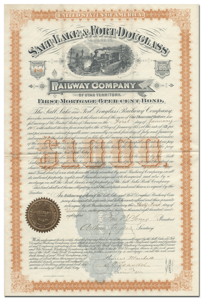 Salt Lake & Fort Douglass Railway Company Bond Certificate Signed by John W. Young