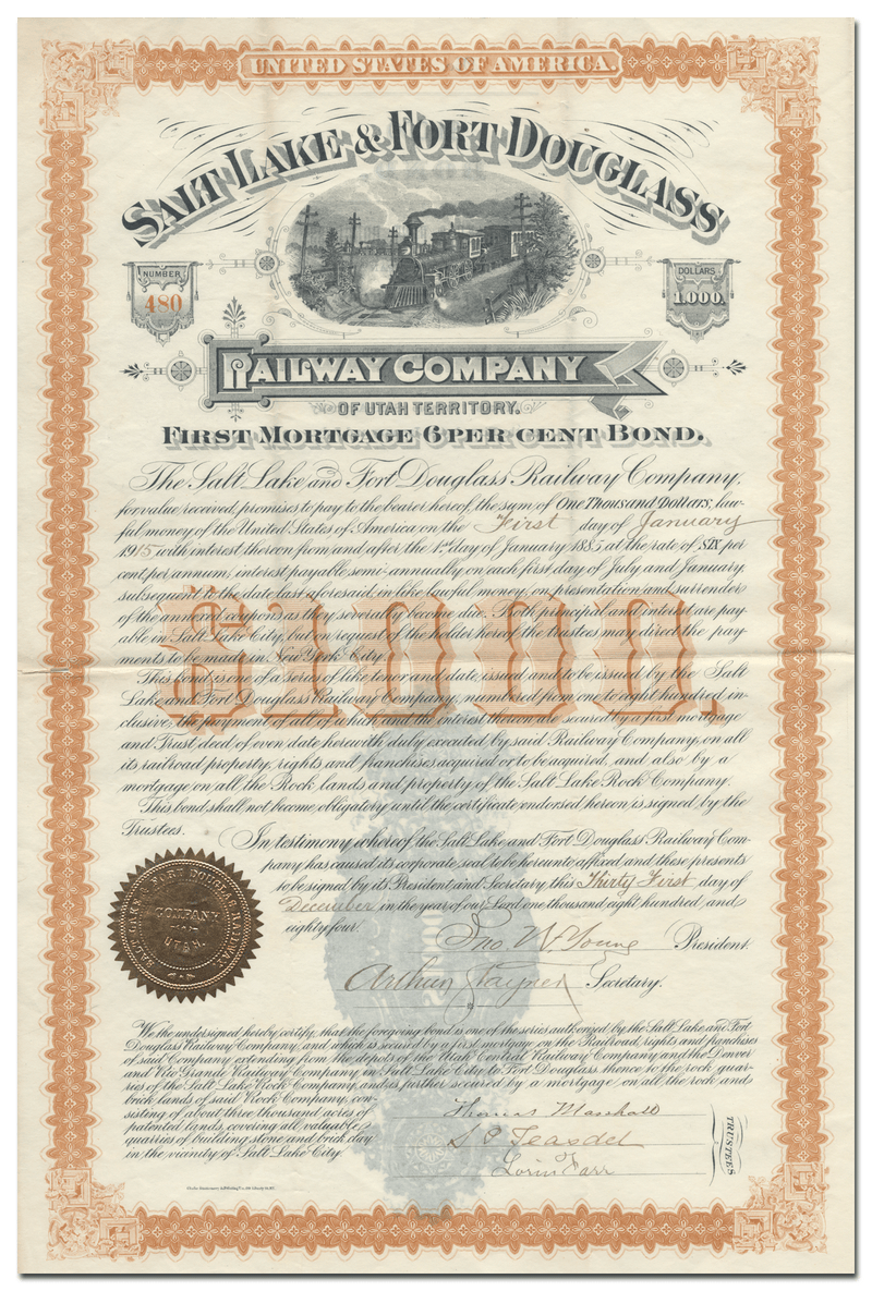 Salt Lake & Fort Douglass Railway Company Bond Certificate Signed by John W. Young