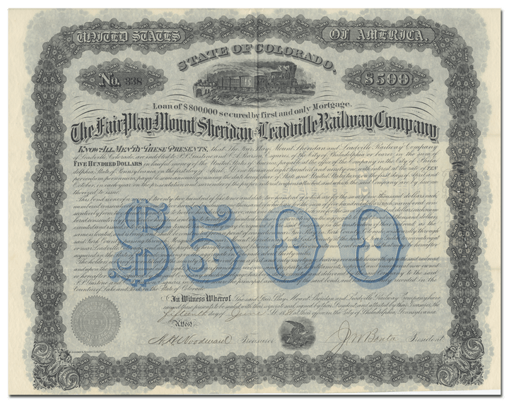 Fair Play-Mount Sheridan and Leadville Railway Company Bond Certificate