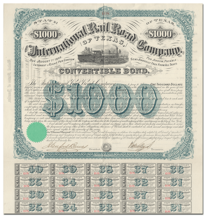 International Rail Road Company of Texas Bond Certificate