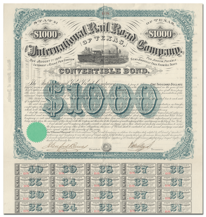 International Rail Road Company of Texas Bond Certificate
