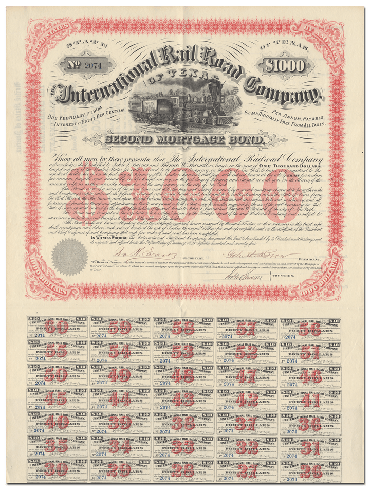 International Rail Road Company of Texas Bond Certificate Signed by Galusha Grow