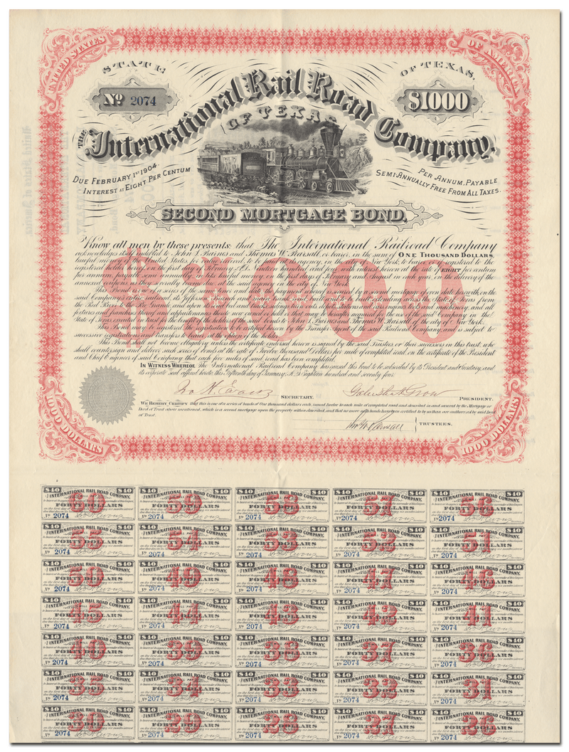 International Rail Road Company of Texas Bond Certificate Signed by Galusha Grow