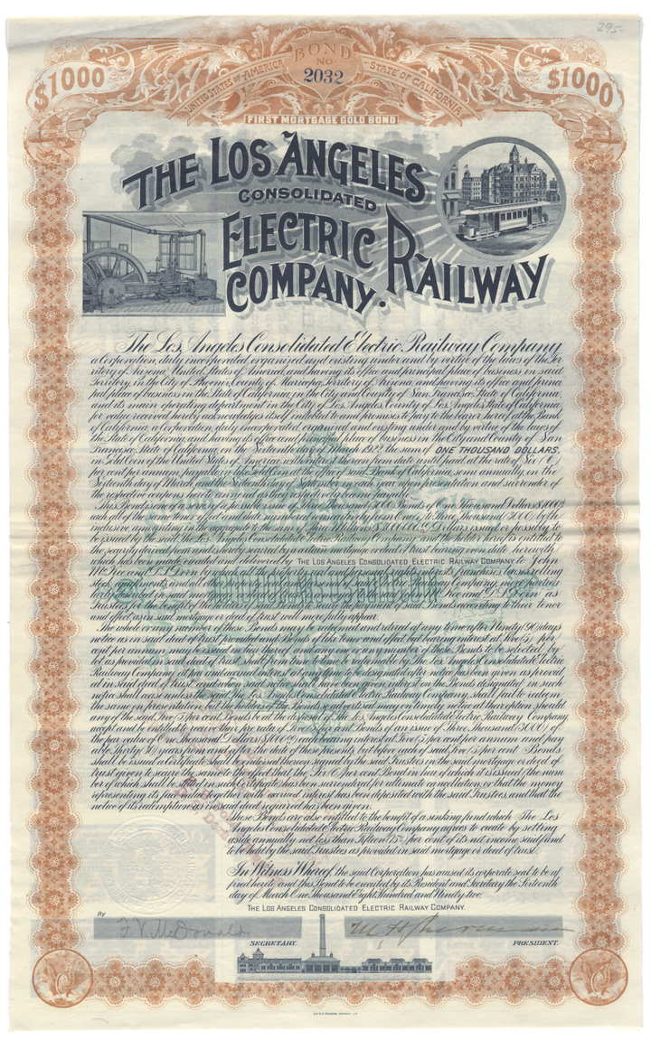 Los Angeles Consolidated Electric Railway Company Bond Certificate Signed by Moses Hazeltine Sherman