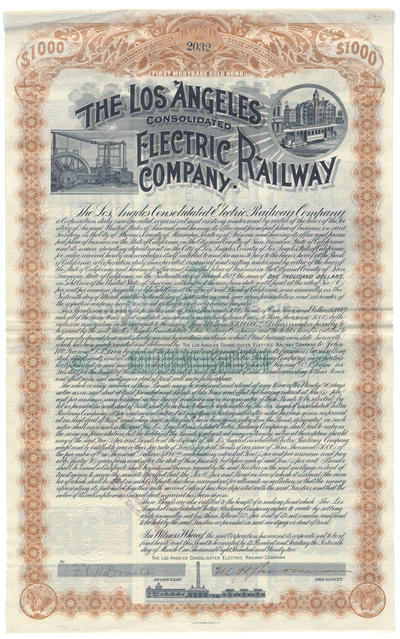 Los Angeles Consolidated Electric Railway Company Bond Certificate Signed by Moses Hazeltine Sherman